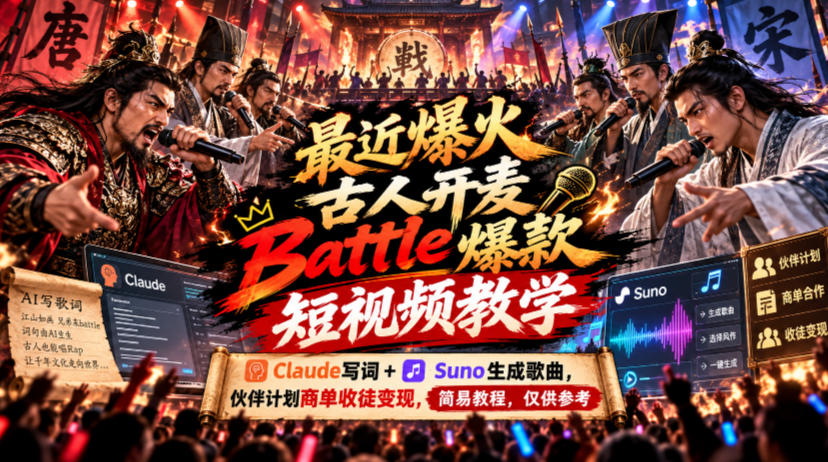 最近爆火古人开麦Battle爆款短视频教学，Claude写词+Suno生成歌曲，伙伴计划商单收徒变现，简易教程，仅供参考-离锋创库