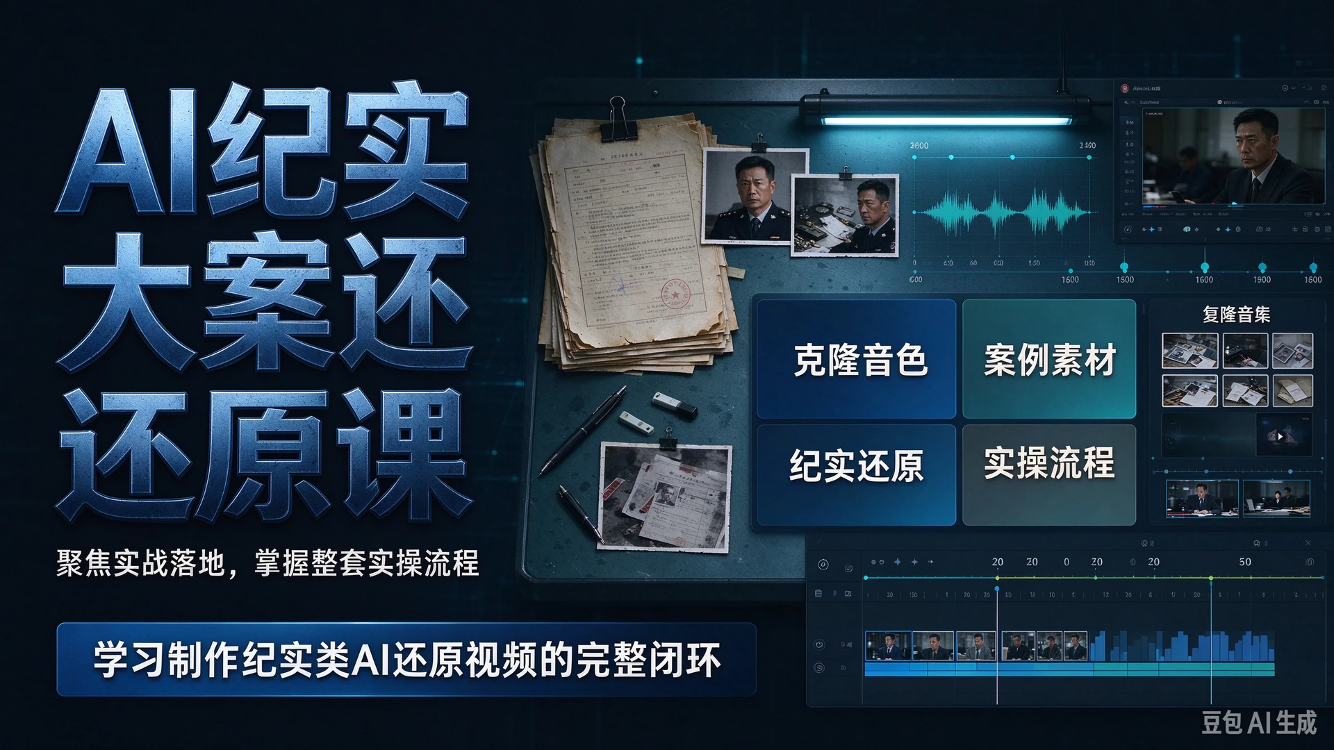 AI纪实大案还原课聚焦实战落地，依托克隆音色与案例素材，学习制作纪实类AI还原视频的整套实操流程-离锋创库