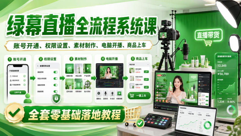 绿幕直播全流程系统课，账号开通、权限设置、素材制作、电脑开播、商品上车全套零基础落地教程-离锋创库