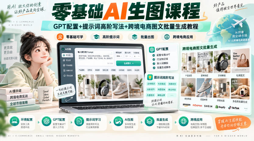 零基础AI生图课程，GPT配置+提示词高阶写法+跨境电商图文批量生成教程-离锋创库