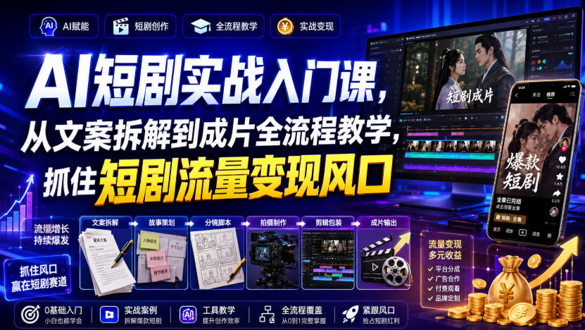 AI短剧实战入门课，从文案拆解到成片全流程教学，抓住短剧流量变现风口-离锋创库
