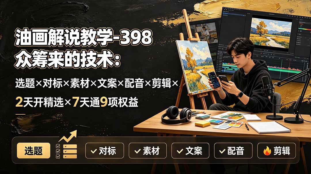 （19587期）油画解说教学-398众筹来的技术-刯新：选题×对标×素材×文案×配音×剪辑×2天开精选×7天通9项权益-离锋创库