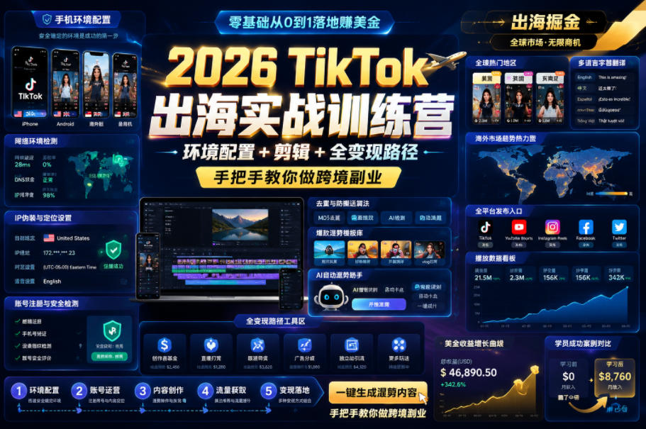 2026 TikTok出海实战训练营，环境配置 + 剪辑 + 全变现路径，手把手教你做跨境副业-离锋创库