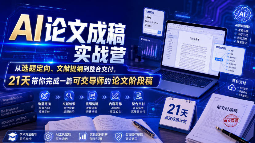 AI论文成稿实战营,从选题定向、文献提纲到整合交付,21天带你完成一篇可交导师的论文阶段稿-离锋创库