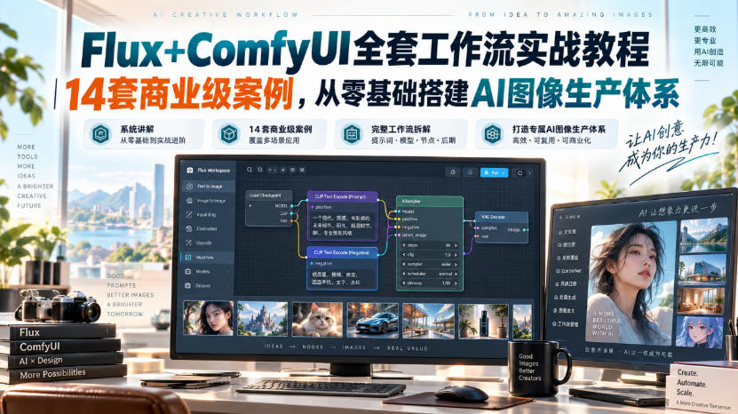 Flux+ComfyUI全套工作流实战教程｜14套商业级案例，从零基础搭建AI图像生产体系-离锋创库