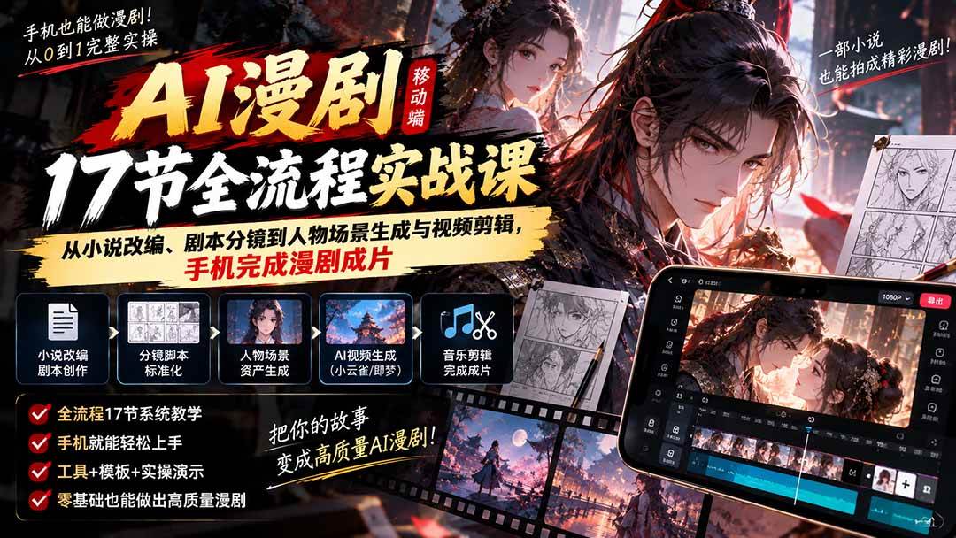 （20624期）AI漫剧移动端17节全流程实战课：从小说改编、剧本分镜到人物场景生成与视频剪辑，手机完成漫剧成片-离锋创库