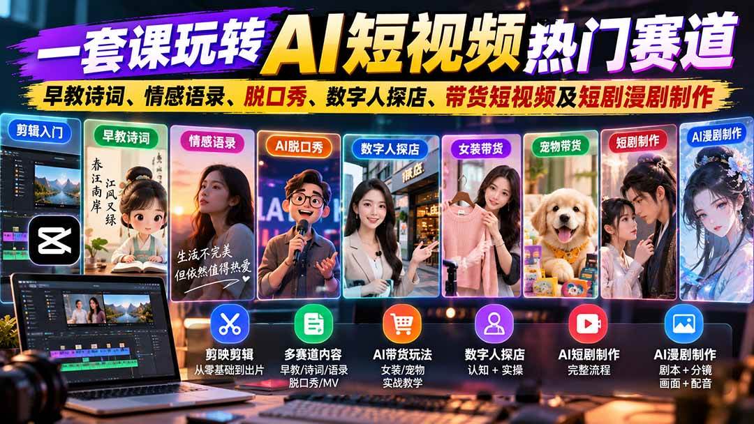 (20964期)一套课玩转AI短视频热门赛道:早教诗词、情感语录、脱口秀、数字人探店、带货短视频及短剧漫剧制作 复制标题-离锋创库