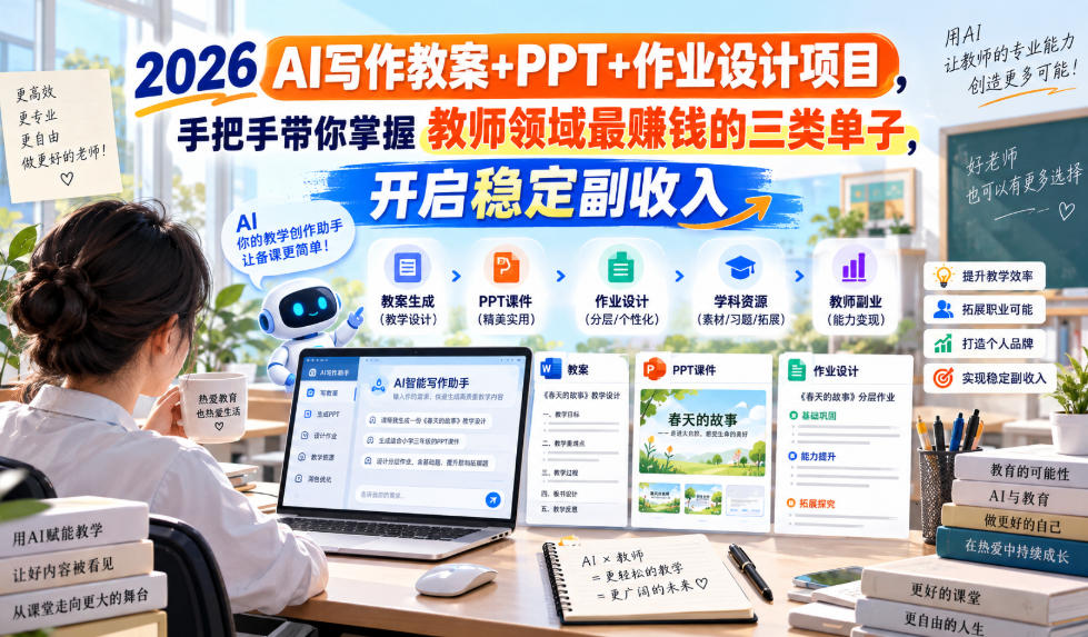 2026 AI写作教案+PPT+作业设计项目，手把手带你掌握教师领域最賺钱的三类单子，开启稳定副收入-离锋创库