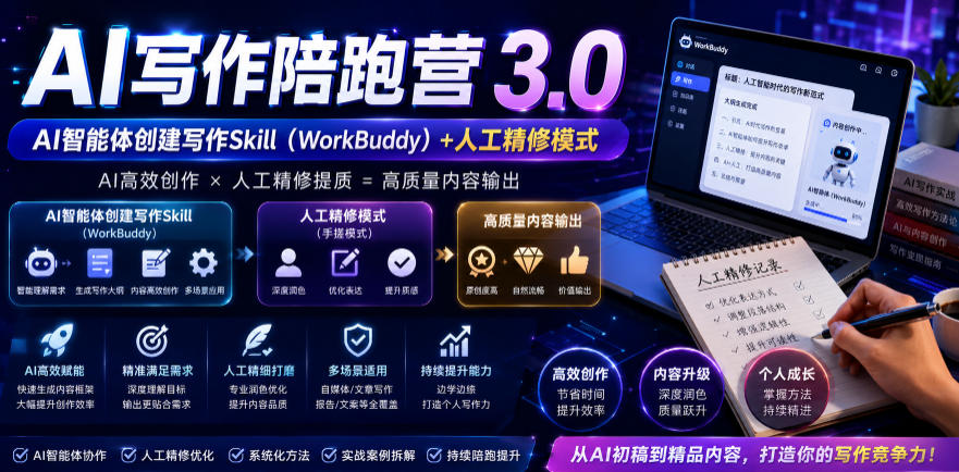 AI写作陪跑营3.0，Ai智能体创建写作skill（workbuddy）+人工手写模式（手搓模式），去除AI痕迹（头条号、公众号、百家号）（更新0806）-离锋创库
