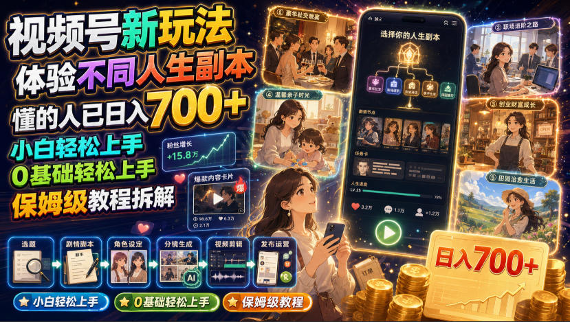 视频号新玩法体验不同人生副本,懂的人已日入700+,小白轻松上手,0基础轻松上手,保姆级教程拆解-离锋创库