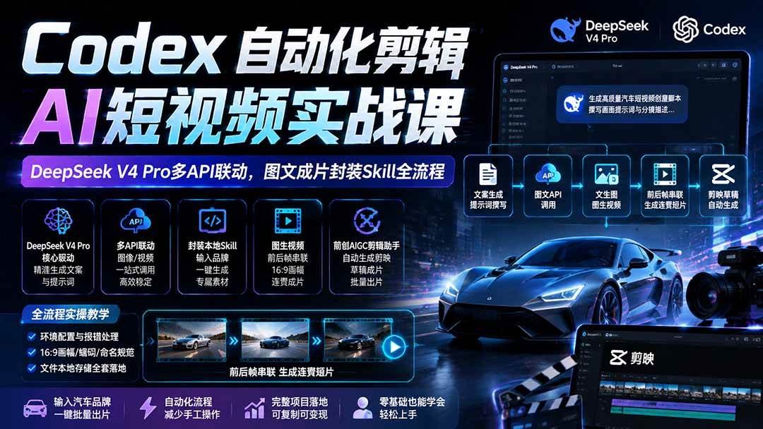 （19711期）Codex自动化剪辑AI短视频实战课｜DeepSeek V4 Pro多API联动，图文成片封装Skill全流程-离锋创库