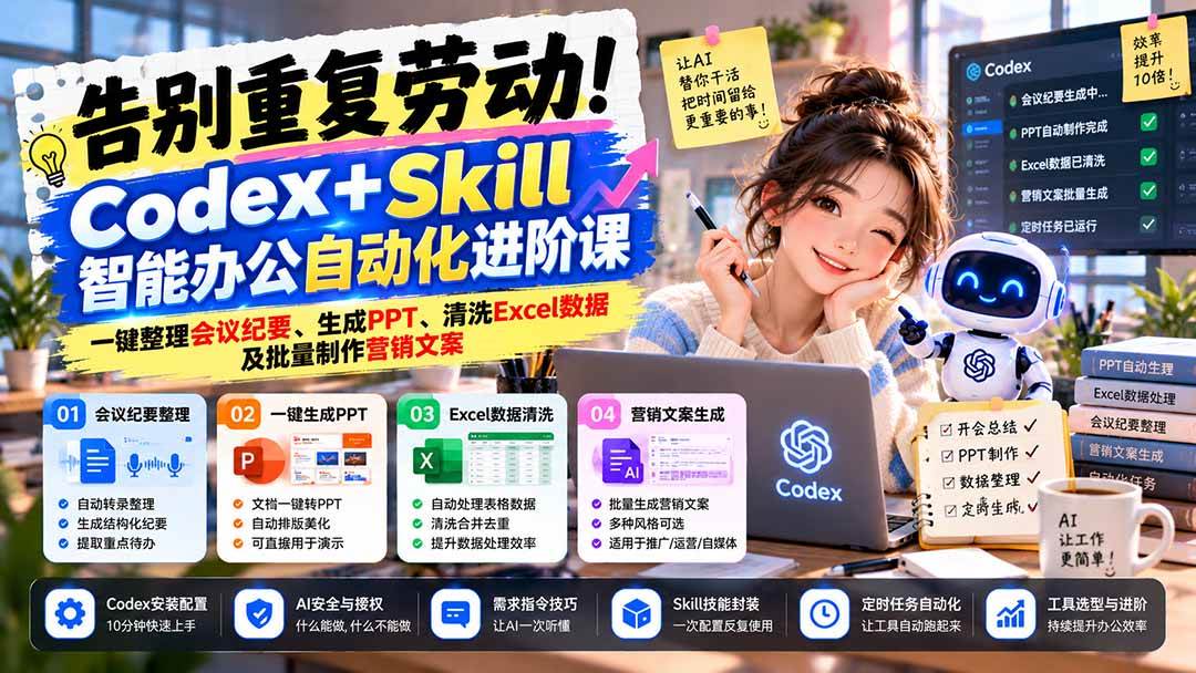 (21001期)告别重复劳动!Codex+Skill智能办公自动化进阶课:一键整理会议纪要、生成PPT、清洗Excel数据及批量制作营销文案-离锋创库