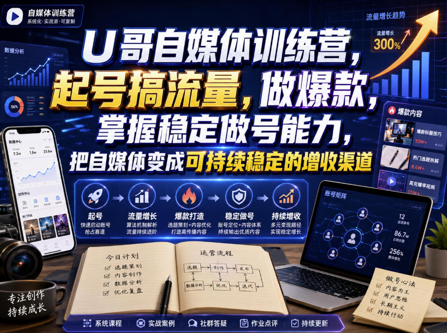 U哥自媒体训练营，起号搞流量，做爆款，掌握稳定做号能力，把自媒体变成可持续稳定的增收渠道-离锋创库