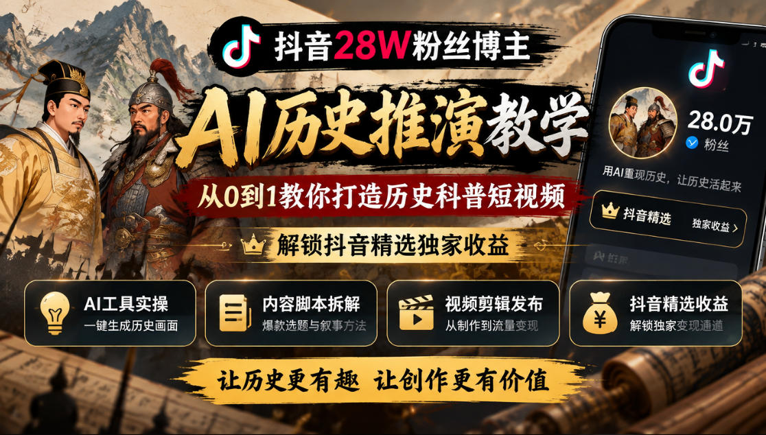 抖音28W粉丝博主的AI历史推演教学，从0到1教你打造历史科普短视频，解锁抖音精选独家收益-离锋创库