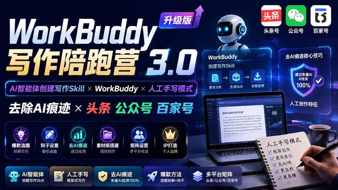 （20311期）WorkBuddy写作陪跑营3.0-更新：Ai智能体创建写作Skill×WorkBuddy×人工手写模式×去除AI痕迹×头条公众号百家号-离锋创库