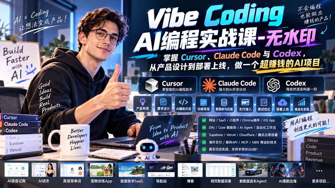 （20431期）Vibe Coding AI编程实战课-无水印：掌握Cursor、Claude Code与Codex，从产品设计到部署上线，做一个超赚钱的AI项目-离锋创库