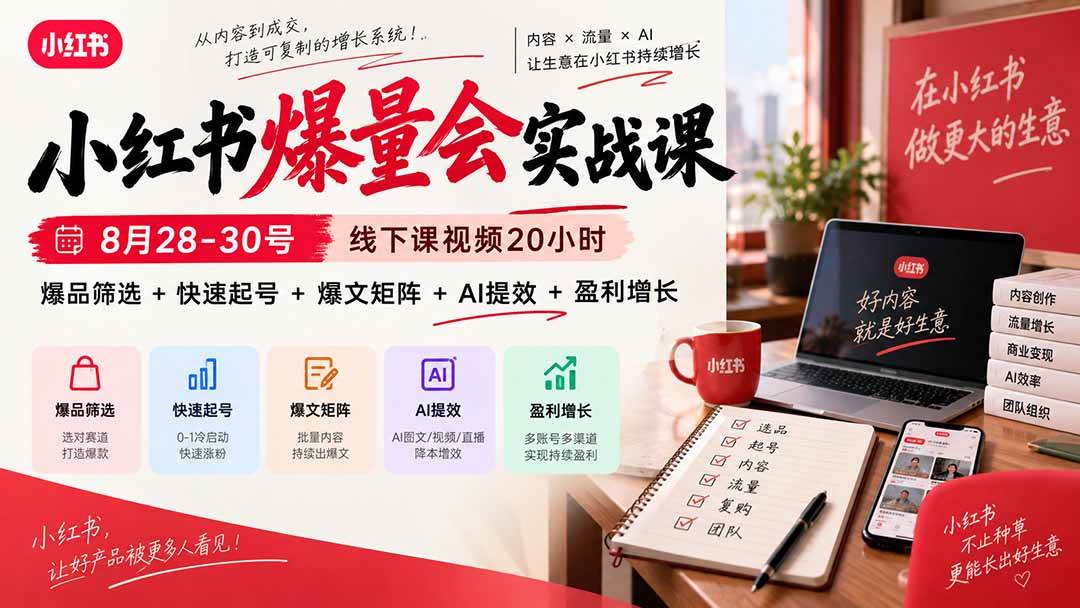 （20359期）小红书爆量会实战课：8月28-30号线下课视频20小时，爆品筛选+快速起号+爆文矩阵+AI提效+盈利增长-离锋创库