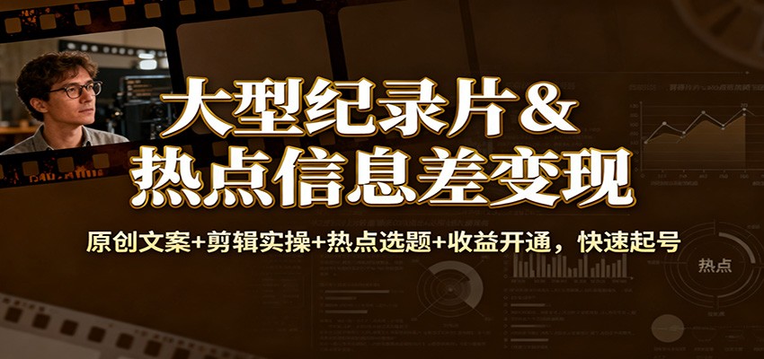 大型纪录片&热点信息差变现:原创文案+剪辑实操+热点选题+收益开通,快速起号-离锋创库