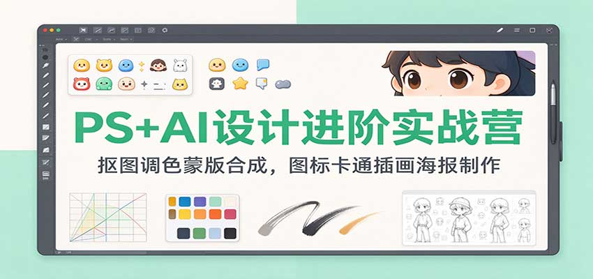 PS+AI设计进阶实战营:抠图调色蒙版合成,图标卡通插画海报制作-离锋创库