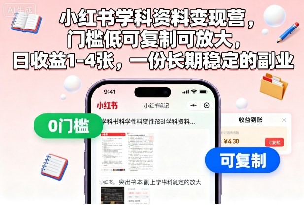 小红书学科资料变现营,门槛低可复制可放大,日收益1-4张,一份长期稳定的副业-离锋创库