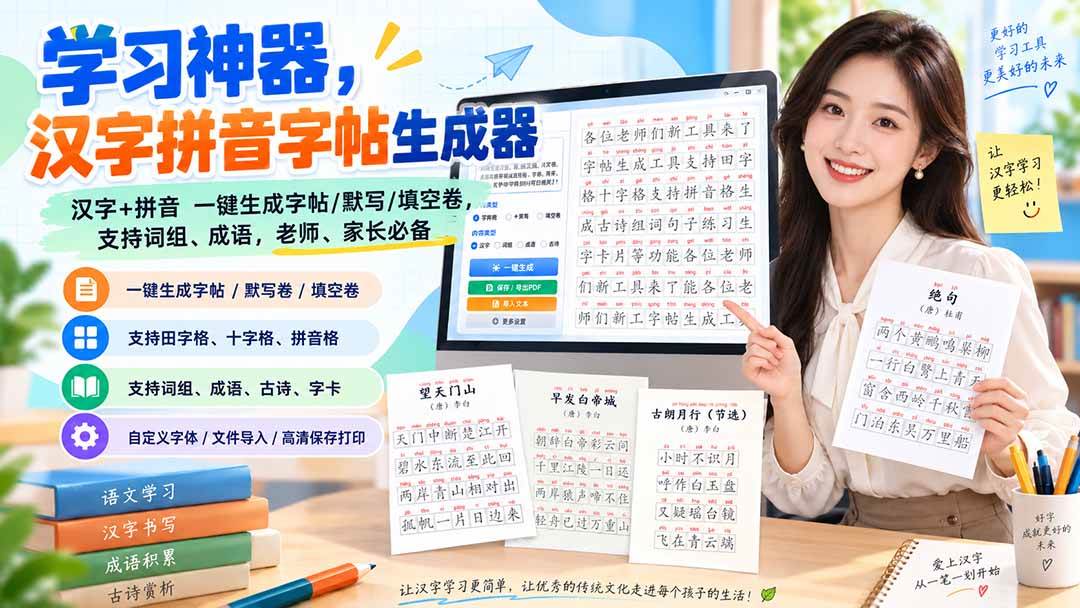 （20299期）学习神器，汉字拼音字帖生成器，汉字+拼音 一键生成字帖/默写/填空卷，支持词组、成语，老师、家长必备-离锋创库