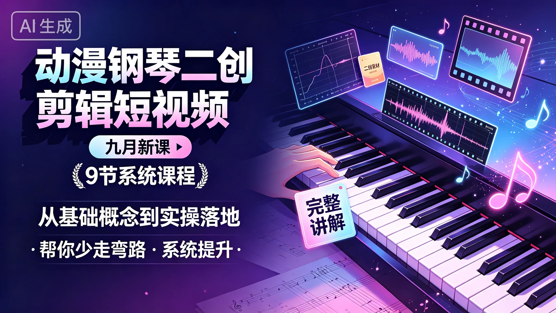动漫钢琴二创剪辑短视频 九月新课，9 节系统课程，从基础概念到实操落地完整讲解，帮你少走弯路系统提升-离锋创库