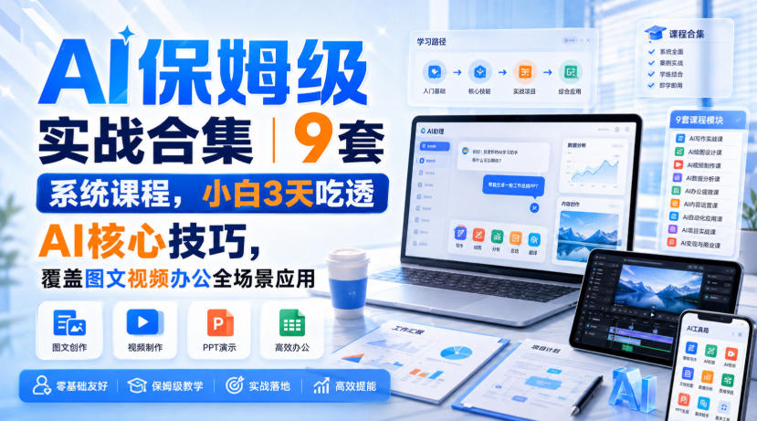AI保姆级实战合集｜9套系统课程，小白3天吃透AI核心技巧，覆盖图文视频办公全场景应用-离锋创库