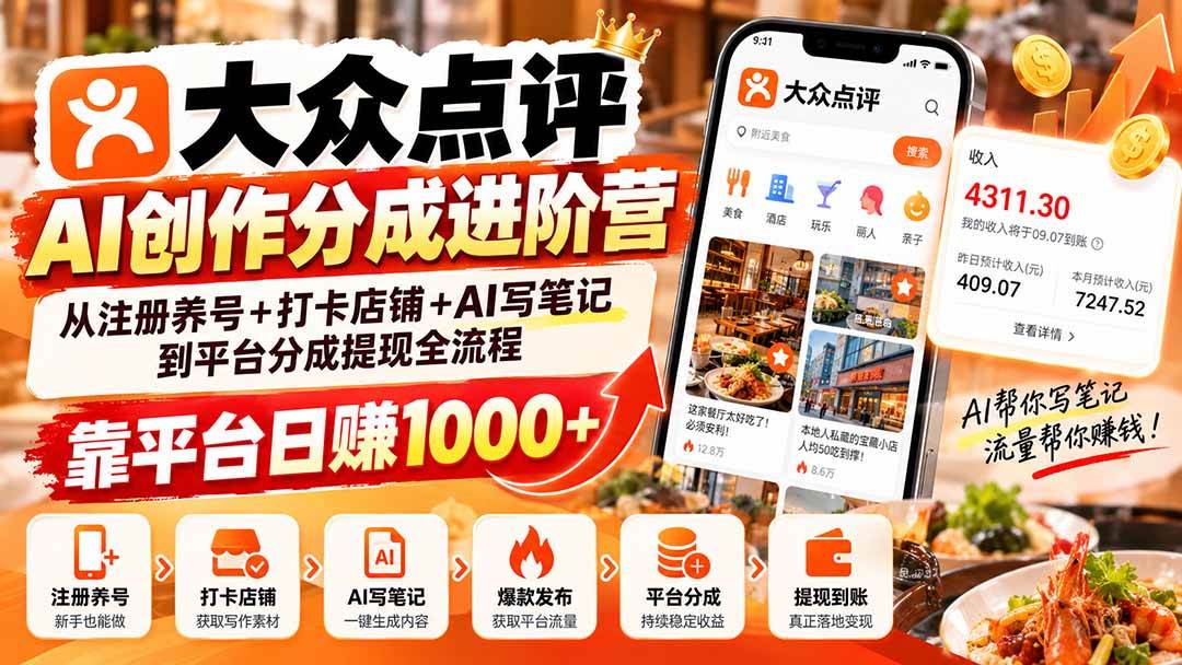 （20759期）大众点评AI创作分成进阶营：从注册养号+打卡店铺+AI写笔记到平台分成提现全流程，靠平台日赚1000+-离锋创库