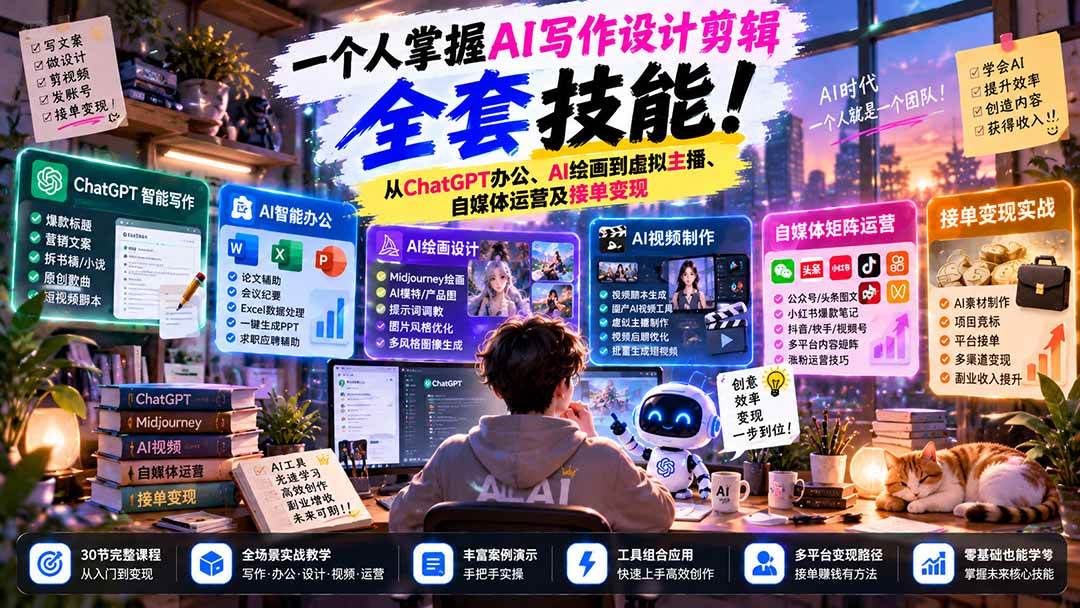 (21029期)一个人掌握AI写作设计剪辑全套技能:从ChatGPT办公、AI绘画到虚拟主播、自媒体运营及接单变现-离锋创库