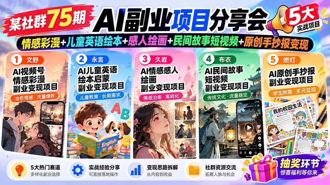 (20874期)某社群75期AI副业项目分享会:情感彩漫+儿童英语绘本+感人绘画+民间故事短视频+原创手抄报变现-离锋创库