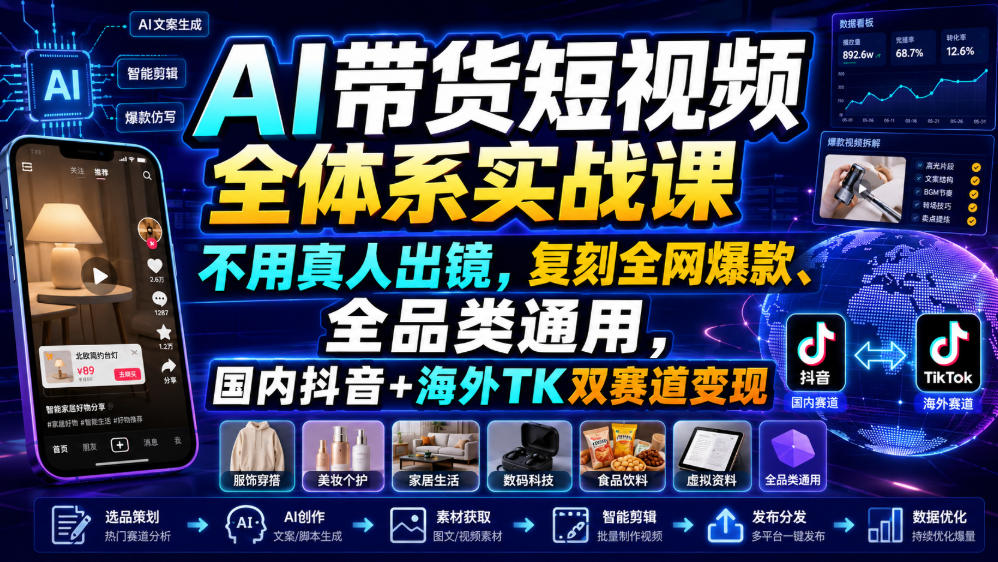 AI带货短视频全体系实战课，不用真人出镜，复刻全网爆款、全品类通用，国内抖音+海外TK双赛道变现-离锋创库