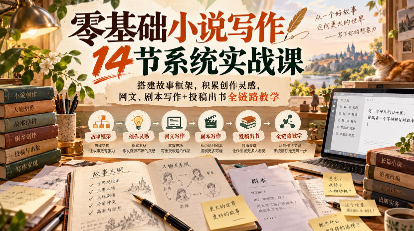零基础小说写作14节系统实战课,搭建故事框架,积累创作灵感,网文、剧本写作+投稿出书全链路教学-离锋创库