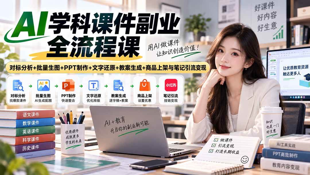 （20469期）AI学科课件副业全流程课｜对标分析+批量生图+PPT制作+文字还原+教案生成+商品上架与笔记引流变现-离锋创库