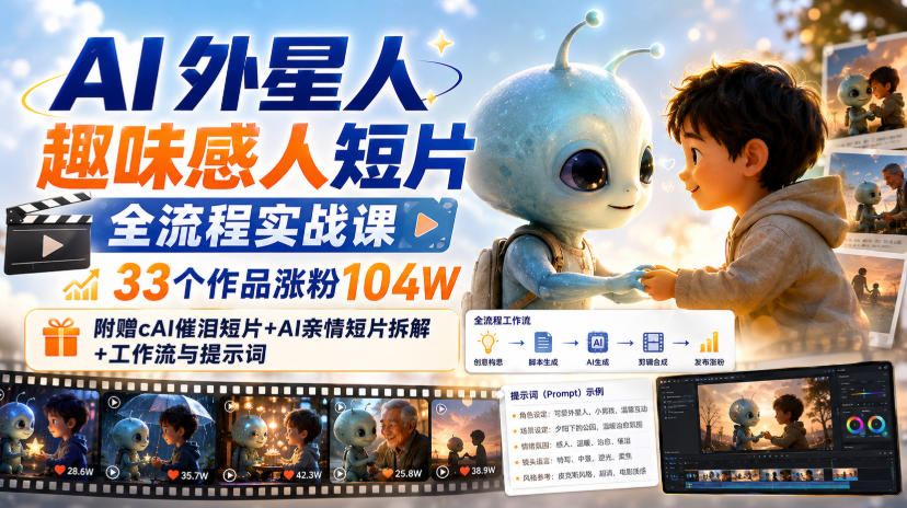 【精】AI外星人趣味感人短片全流程实战课，33个作品涨粉104W，附赠AI催泪短片+AI亲情短片拆解+工作流与提示词-离锋创库