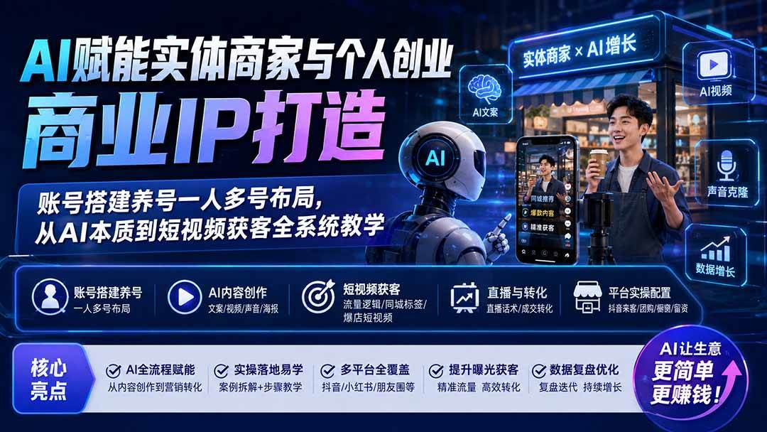 （19852期）AI赋能实体商家与个人创业商业IP打造；账号搭建养号一人多号布局，从AI本质到短视频获客全系统教学-离锋创库