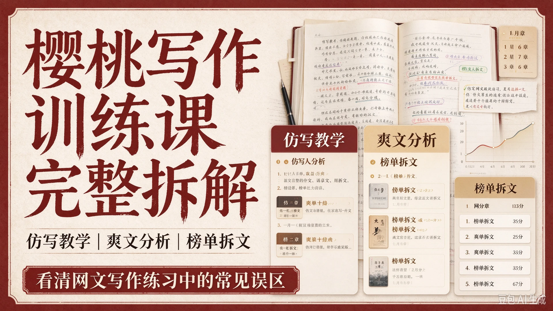 【精】樱桃写作训练课完整拆解,包含仿写教学、爽文分析与榜单拆文,帮写作者看清网文写作练习中的常见误区-离锋创库