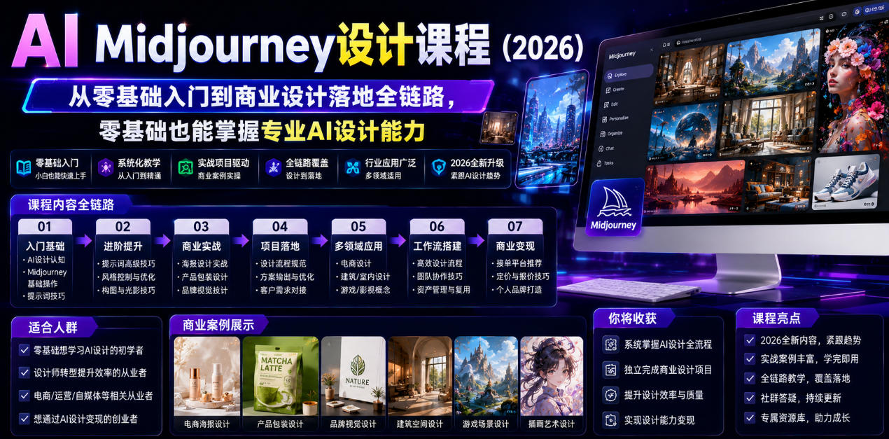 AI Midjourney设计课程（2026），从零基础入门到商业设计落地全链路，零基础也能掌握专业AI设计能力（更新0913）-离锋创库
