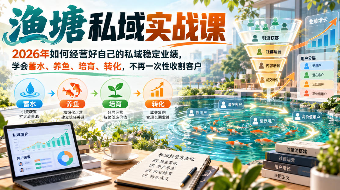渔塘私域实战课,2026年如何经营好自己的私域稳定业绩,学会蓄水、养鱼、培育、转化,不再一次性收割客户-离锋创库