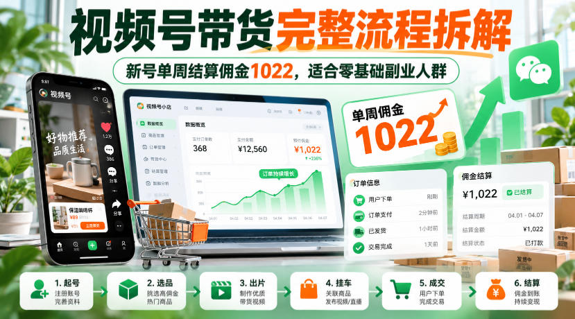 视频号带货完整流程拆解,新号单周结算佣金1022,适合零基础副业人群-离锋创库