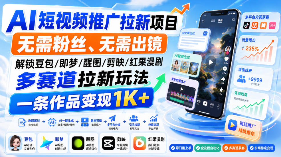 AI短视频推广拉新项目，无需粉丝、无需出镜，解锁豆包/即梦/醒图/剪映/红果漫剧多赛道拉新玩法，一条作品变现1K+-离锋创库