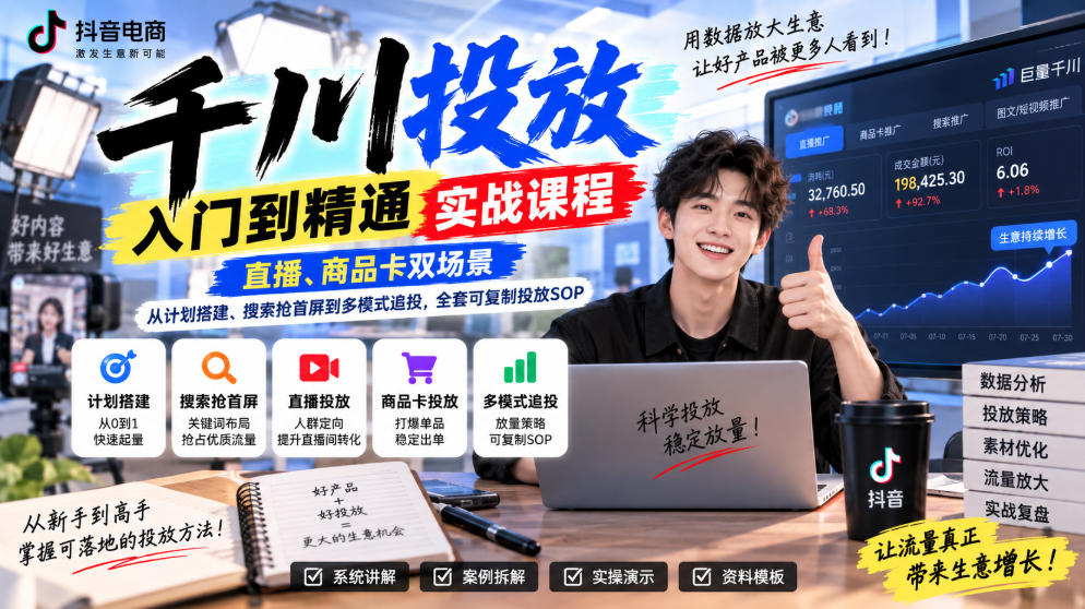 千川投放入门到精通实战课程,直播、商品卡双场景,从计划搭建、搜索抢首屏到多模式追投,全套可复制投放SOP 千川投放入门到精通实战课程,直播、商品卡双场景,从计划搭建、搜索抢首屏到多模式追投,全套可复制投放SOP