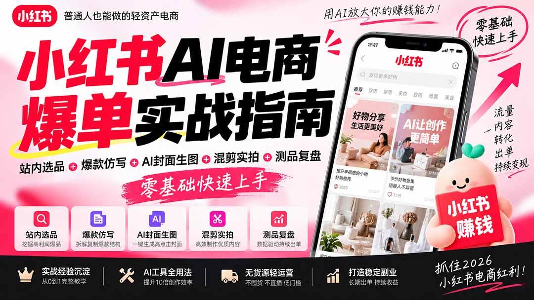 （20516期）2026小红书AI电商爆单实战指南：站内选品+爆款仿写+AI封面生图+混剪实拍+测品复盘，零基础快速上手-离锋创库