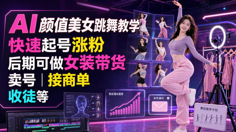 AI颜值美女跳舞教学，快速起号涨粉，后期可做女装带货，卖号，接商单，收徒等-离锋创库