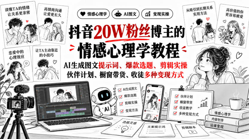 抖音20W粉丝博主的情感心理学教程,AI生成图文提示词、爆款选题、剪辑实操,伙伴计划、橱窗带货、收徒多种变现方式-离锋创库