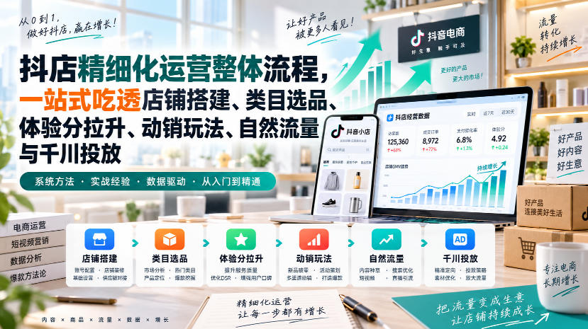 【精】李哥电商-抖店精细化运营整体流程，一站式吃透店铺搭建、类目选品、体验分拉升、动销玩法、自然流量与千川投放-离锋创库