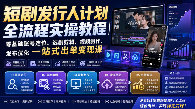 短剧发行人计划全流程实操教程｜零基础账号定位、选剧剪辑、视频制作、发布优化一站式出单变现课-离锋创库
