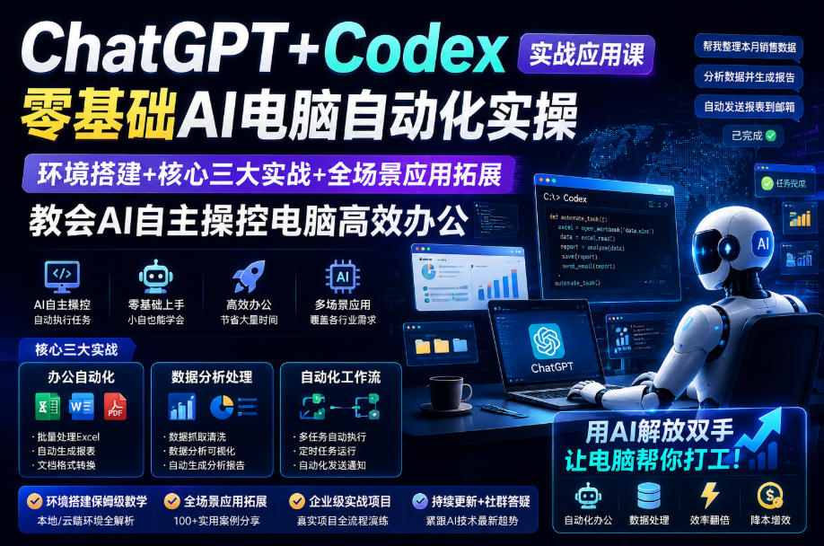 ChatGPT+Codex实战应用课｜零基础AI电脑自动化实操，环境搭建+核心三大实战+全场景应用拓展，教会AI自主操控电脑高效办公-离锋创库