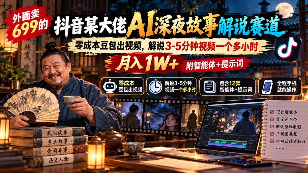 (20853期)外面卖699抖音某大佬AI深夜故事解说赛道-更新:0成本豆包出视频+解说3-5分钟视频一个多小时,月入1W+附智能体+提示词-离锋创库