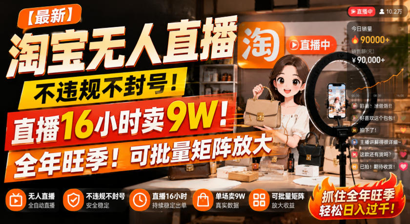 【最新】淘宝无人直播，不违规不封号，直播16小时卖9W，全年旺季！可批量矩阵放大【揭秘】-离锋创库