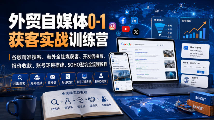 外贸自媒体0-1获客实战训练营｜谷歌精准搜客、海外全社媒获客、开发信撰写、报价收款、账号环境搭建、SOHO避坑全流程教程-离锋创库